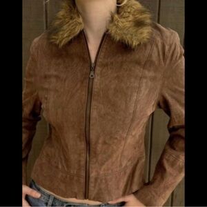 Brown Suede Leather Jacket Faux Fur Collar Uniform By John Paul Richard